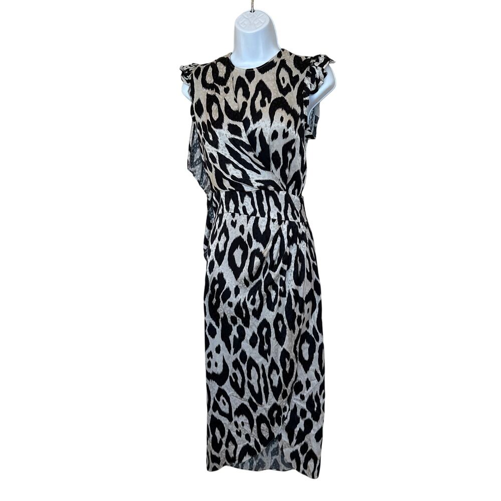 Ronny Kobo Zebra Print Ruched Silk Midi Dress Black White XS Work Designer $548
